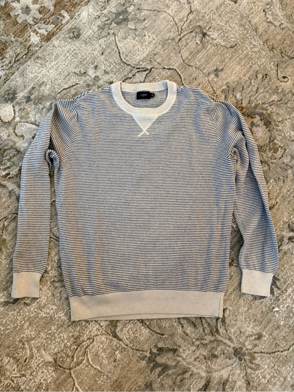 J. Crew Men's Blue and Cream Thin-Striped Crewneck Sweater